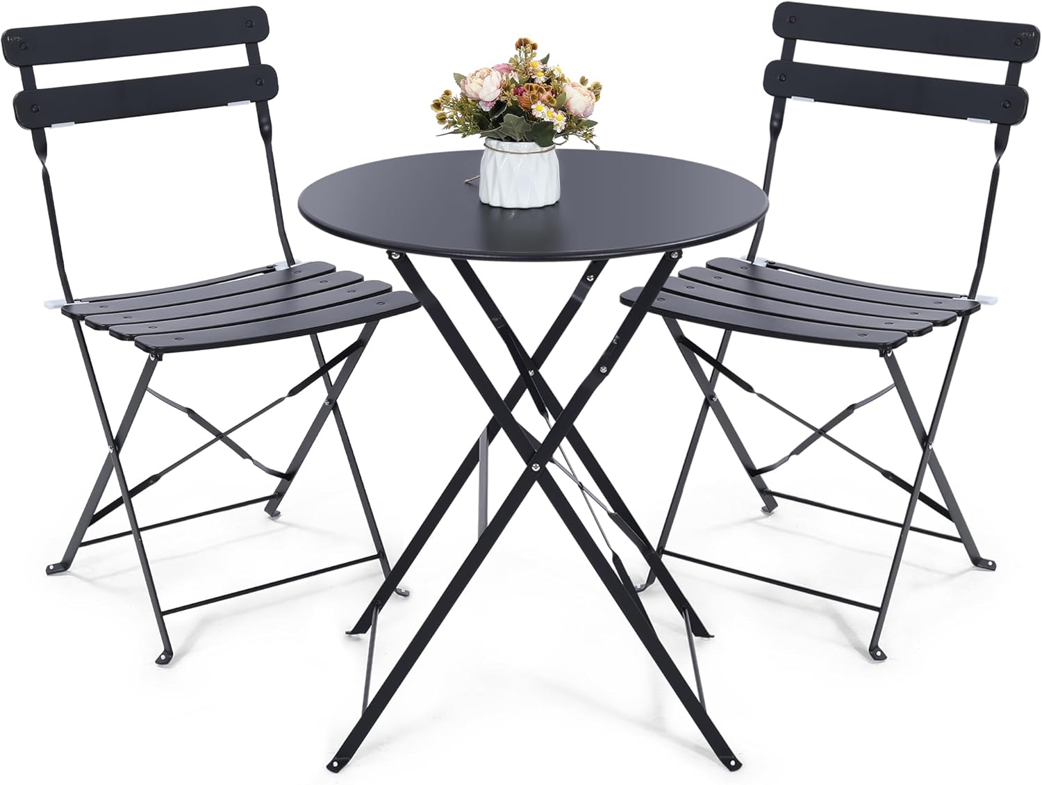 Bistro Table Set - Space-saving black 3-piece foldable outdoor bistro