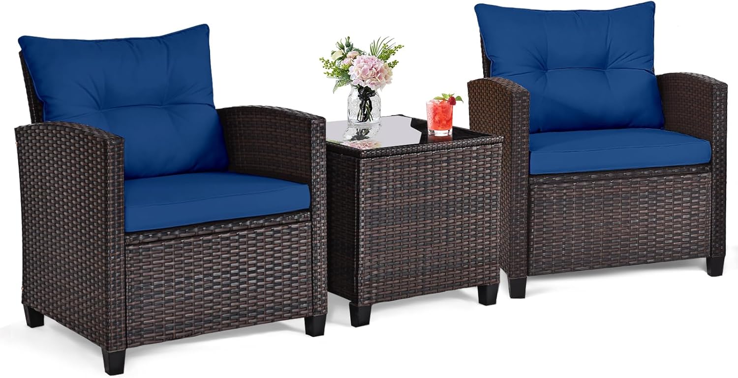 Bistro Table Set - Navy blue rattan wicker 3-piece outdoor